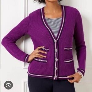 Talbots Vibrant Purple Cardigan sweater with Striped Trim. 100% cotton